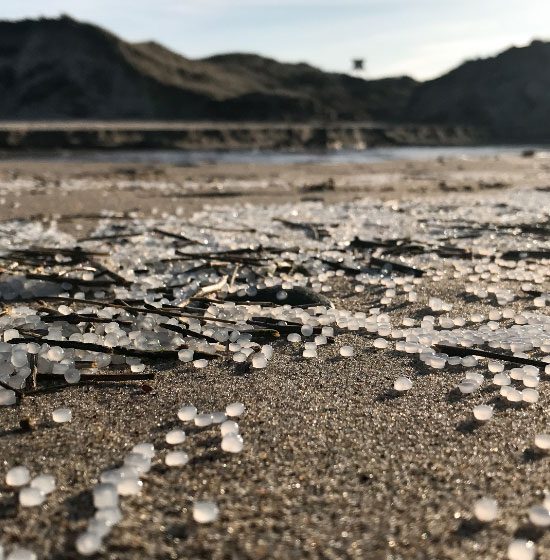 Pellets am Strand mit Seezeichen im Hintergrund